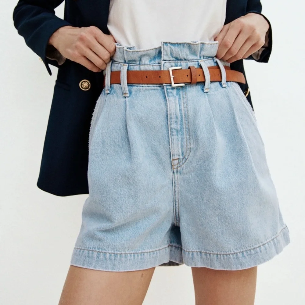 Zara Belted High-Waisted Paper Bag Denim Shorts - Picture 1 of 2